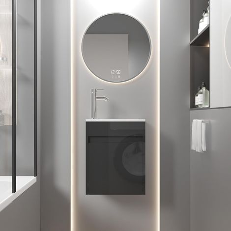 UEV Mobile Bagno con Lavabo in Resina, 41CM Mobili Bagno Salvaspazio Sospeso, Rubinetto Cromato a Risparmio Idrico e Scarico Pop Up, Piccolo, Nero (1/5)