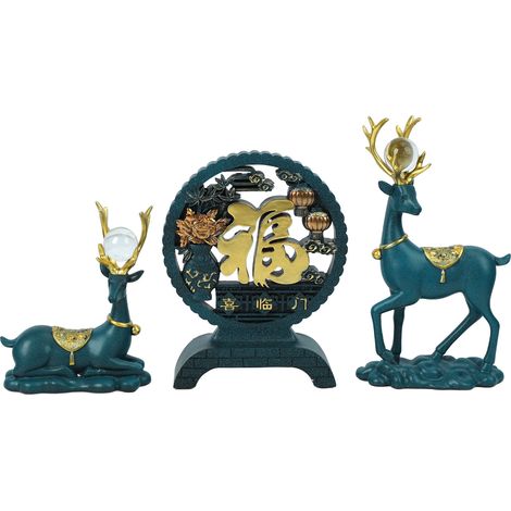 Lot de 3 figurines de cerf porte-bonheur, sculpture résine peinte à la main, décoration élégante pour étagère, meuble TV ou couloir, bleu. (1/5)