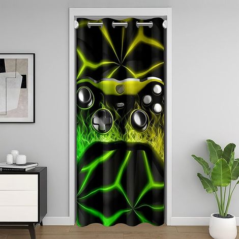 Rideau de Porte Vert Jaune Gamer Rideau Occultant 86x203 Jeux pour Enfants Rideaux Porte Jeux Vidéo Rideaux de Placard pour Décor de Chambre,Style Fumé de Luxe Géométrique,Jaune Vert - 86L X 203H cm ( (1/5)