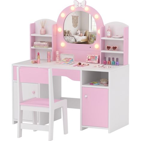 AIYAPLAY Toeletta per Bambini con Sgabello, Specchio Illuminato, Rosa