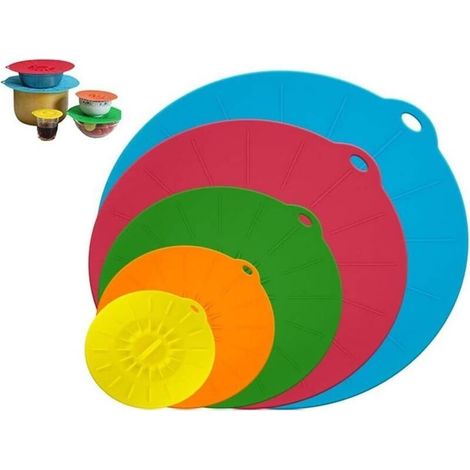 Couvercles en Silicone, 5 Pièces Tailles Différentes Couvercle Fraîcheur en Silicone, pour Bols, Casseroles, Assiettes, Tasses, Fours, Réfrigérateurs(Bleu, Rouge, Vert, Jaune, Orange) (1/5)