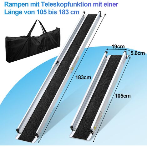 Wolketon Rollstuhlrampe 183cm Teleskoprampe Auffahrrampe bis 300KG Anti-Rutsch Alu Verladerampe Tragbare Schwellenrampe für Rollatoren Rollstühle (1/4)