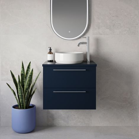 Napoli 390 Deep Blue 600mm Wall Mounted 2 Drawer Vanity Unit for Countertop Basins - 600mm - Chrome 320mm Handle