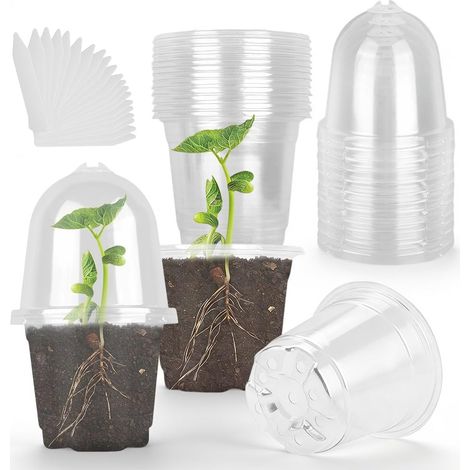 20 Pièces Godet Semis Pot Transparent Plante, Pots Orchidées Clairs avec Couvercle et étiquettes 9cm Pots de Semis de Fleurs avec Trous de Drainage pour Intérieur, Extérieur, Jardin (1/5)