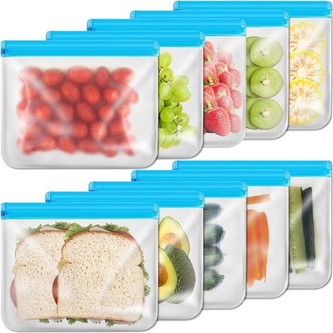 Lot de 10 sacs de conservation en silicone - Sacs à pain - Sacs à sandwich réutilisables - Compatibles lave-vaisselle - Congélation - Étanches - Écologiques - Idéaux pour salades, confitures, marinade (1/5)