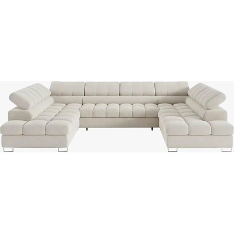 EMMA Canapé panoramique convertible avec 2 coffres et têtières relevables en tissu bouclette beige (1/5)