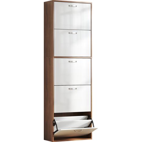 Armoire à chaussures design contemporain, 5 portes battantes bicolore blanc et marron foncé imitation bois, meuble de rangement chaussures (1/5)