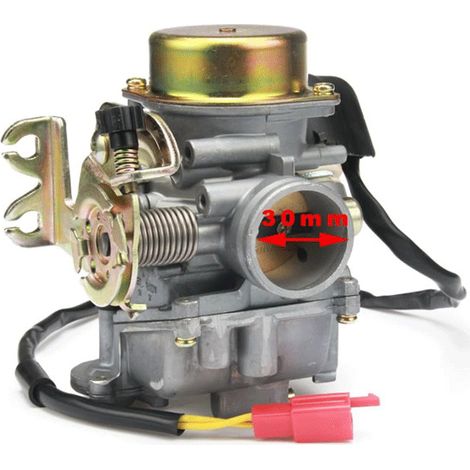The CVK30 carburetor is compatible with GY6 ATV scooters (150cc, 200cc, 250cc).