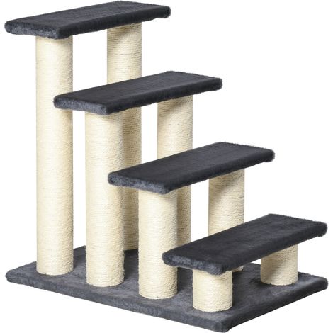 Scaletta per Cani e Gatti a 4 Gradini 60x40,5x59 cm con Rivestimento in Peluche e Pali Graffiatoio in Sisal Grigio (1/5)