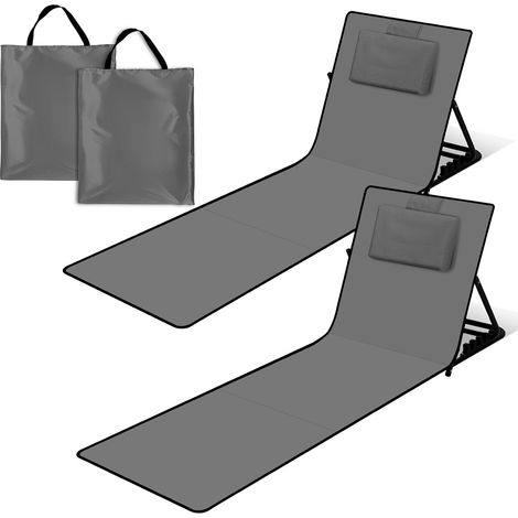 Randaco 2x Strandmatte mit Rückenlehne Gepolstert klappbar UV-beständig Tasche Reißverschluss Kissen Tragegurt Garten Camping Picknick Liegematte 158 x 55cm, Dunkelgrau