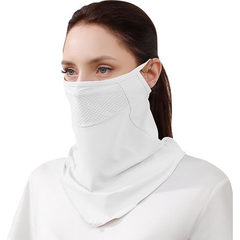 Maschera viso e sciarpa da ciclismo da donna in seta ghiaccio rinfrescante con protezione solare UPF 50+ e passanti per le orecchie (bianca) (1/3)