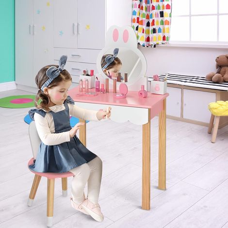 COSTWAY Coiffeuse pour Enfants 2 en 1 avec Miroir Amovible et Tabouret Tiroirs Boîte de rangement Ensemble Table et Chaise Rose (1/5)