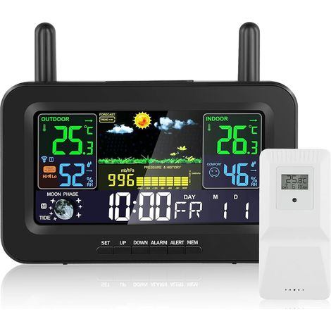 Wireless weather station with indoor/outdoor sensor, thermometer with temperature/humidity/barometric/calendar/alarm/forecast/moon phase (1/5)