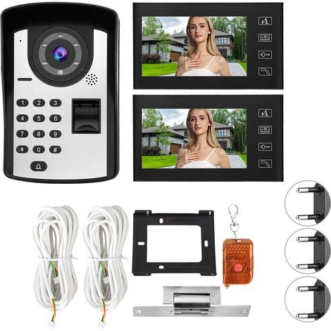 Kit visiophone filaire 7 pouces LCD avec lecteur d'empreintes digitales et code, sonnette vidéo interphone sans serrure (prise UE) (1/5)