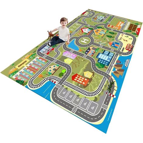 Tapis Enfant Tapis de Jeu Enfant Tapis de Chambre d'enfant, Rue, Tapis de Voiture, pour garçon et Fille Gris Vert Bleu(B,80X160CM) (1/5)