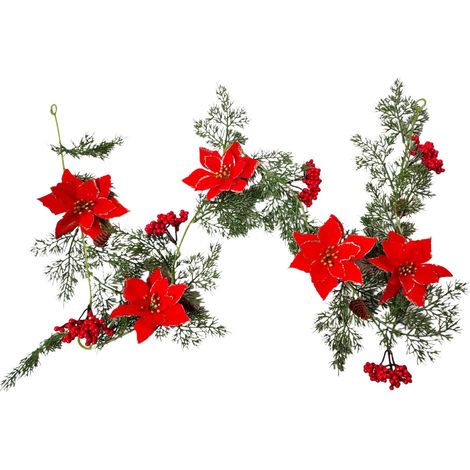 (2 Stück pro Packung) (Farbkartonverpackung) Kiefernnadeln, rote Blumengirlanden + Lichterkette [2 m, 20 Kupferdrahtlichter] (1,75 m Lichterkette, 3 AA-Batterien, Dauerlicht + Blinkmodus), PE-Samtstof (1/5)