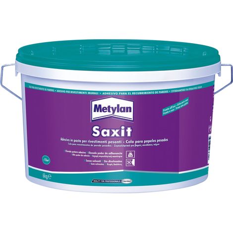 Metylan Saxit, Adesivo Acrilico Beige per Incollaggi di Rivestimenti in Interni, Piastrelle, Perlinature, Mosaici, PVC rigido, Schiuma di PVC, Sughero, Zoccolini e Battiscopa, Secchio da 6Kg (1/2)