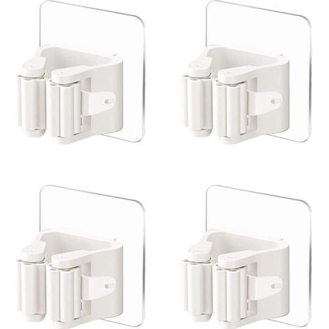 4 Pieces Self-Adhesive Wall Mounted Mop Holder Wall Mounted Broom Hanger No Drilling Broom Gripper White Mop Broom Holders Broom Hanger for Bathroom Door