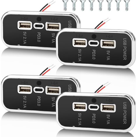 4PCS 3 Ports 12V Prise USB pour VR 45,5W, 4 Pièces Charge Rapide PD3.0 Type-C & Deux Ports USB A 3,1A Montage mural, Adaptateur de Chargeur de Prise Auto pour VR Bateau Bus Quad Moto Camion (1/5)
