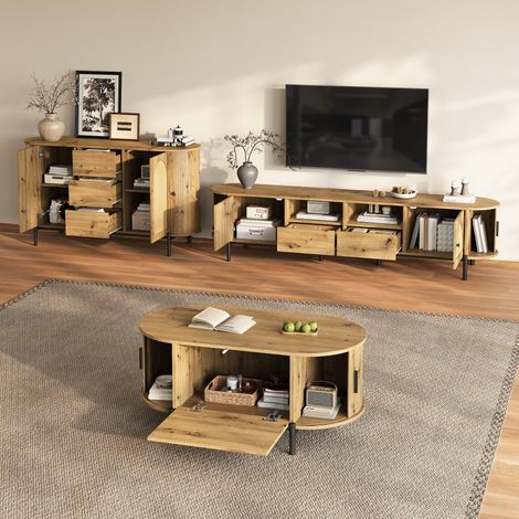 Ensemble de salon en 3 pièces,table basse,meuble TV,buffet,portes coulissantes,style rotin,aspect bois,pieds métalliques,espace de rangement(DA)