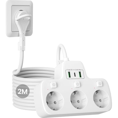 Multiprise 3 Prises avec Fiche Plate,Bloc Multiprise Electrique avec USB C Prise Multiple Murale avec Interrupteur Individuel, Adaptée à Prise Plate Derriere Meuble, Triple Rallonge 2 m Câble, Blanc (1/5)