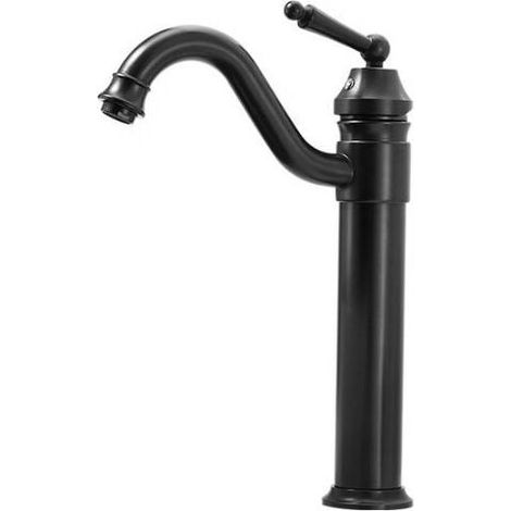 High matte black basin mixer tap – White ceramic lever – Height 34 cm – Without waste – Durable brass for bathroom (1/5)