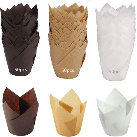 150 caissettes à cupcakes en papier sulfurisé, forme tulipe, 3 couleurs (brun, naturel, blanc), compatible four et micro-ondes (1/5)