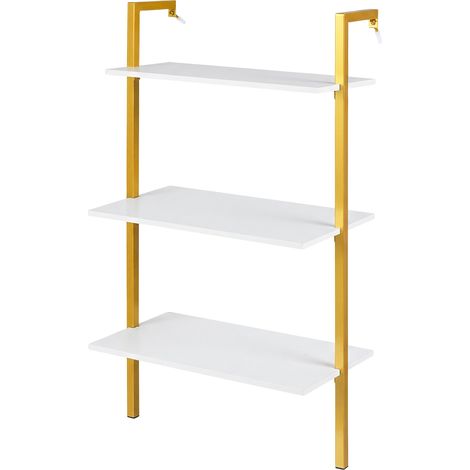 COSTWAY 3-Tier Wall Mounted Shelves Wooden Floating Shelving Unit Metal Ladder Bookshelf White
