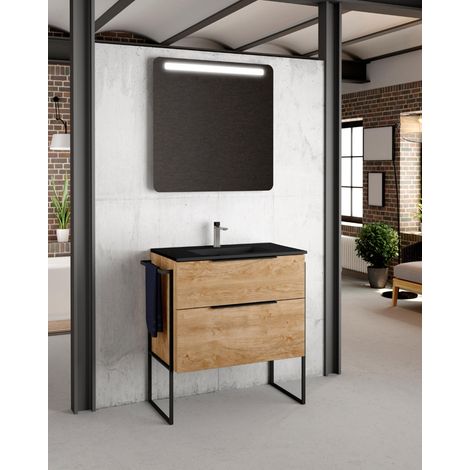 Mueble de Baño Al Suelo con Lavabo Cerámico Negro 2 cajones con Cierre Amortiguado y Organizador 70 cm Roble Natural Tirador Negro (1/5)