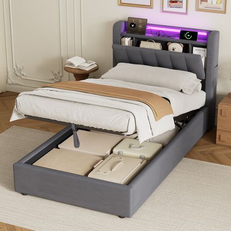 Cama 90x200 cm Tapizada con Cajón Hidráulico, LED y USB Integrados, Terciopelo Suave, Estructura MDF/Metal - Solución Moderna que Ahorra Espacio (1/5)