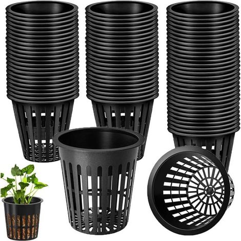 50 Pièces Pot Hydroponique Panier Hydroponie 8cm Paniers de Plantation Bassin en Plastique de Tasse de Maille Noir (1/5)