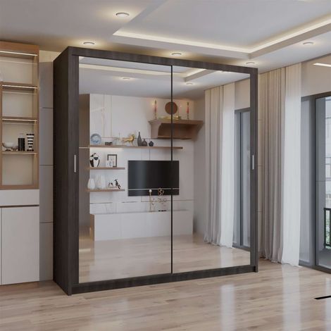Modern Chicago Double Sliding Door Wardrobe Mirror - Wenge203cm