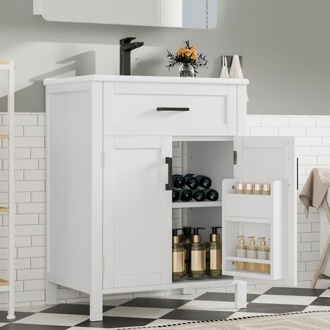 Mueble de baño con lavabo (60x46x84 cm), de pie, con doble puerta, cajón reversible, MDF y cerámica blanca (1/5)