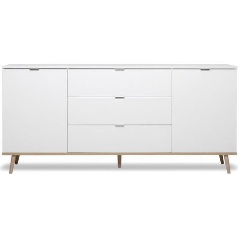 Les Tendances – Buffet bas scandinave en chêne sonoma et blanc – 2 portes, 4 niches, 3 tiroirs – Dimensions L 180 x P 40 x H 87 cm (1/5)
