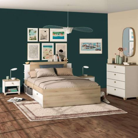 Dormitorio Principal Completo Izzy Color Blanco Mate y Roble Kronberg (cama+cómoda+mesitas)