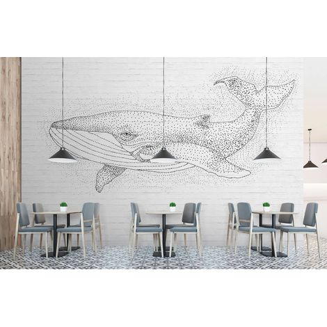 Papier peint panoramique baleine noir & blanc | Tapisserie panoramique salle de bain moderne | Papier peint panoramique animaux pointillés - 270 x 400 cm (4 pièces) (1/5)