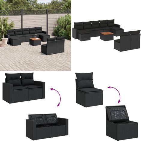 10-tlg. Garten-Sofagarnitur mit Kissen Schwarz Poly Rattan - Gartenmöbel - Outdoor Möbel - Rattan Gartenmöbel - PE-Rattan - Esstisch Set - Home & Living (1/5)