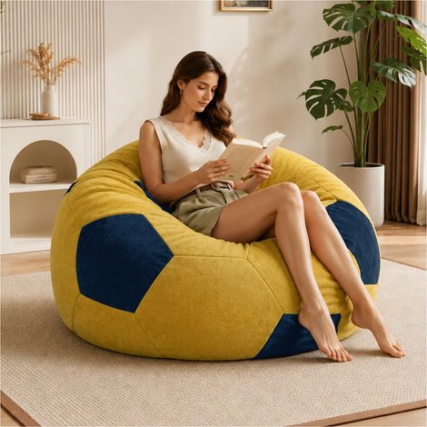 Canape–Pouf en forme de ballon de foot – Surpiqûres multicolores – Tissu flanelle doux – Mousse mémoire de haute résilience – 130 × 90 cm – Détente adulte et adolescent – L (1/5)