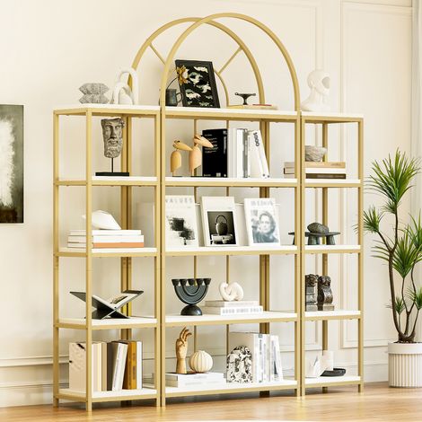 Bibliothèque modulaire 163x30x184 cm – Étagère en arche avec structure métallique dorée et tablettes en MDF blanc, 3 modules, rangement pour séjour, cuisine et bureau, meuble présentoir