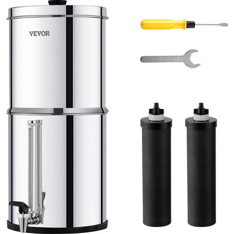 VEVOR Sistema di Filtraggio Acqua a Gravita Sistema in Acciaio Inox Sistema Filtraggio Acqua 7+8,5 L, Riduce Piombo e Cloro, con 2 Filtri al Carbone e Rubinetto del Livello dellAcqua, per Camper