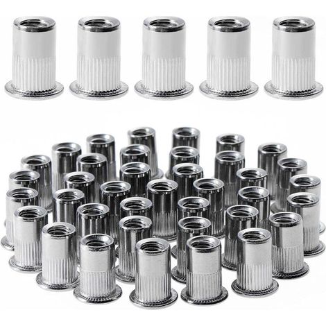 100 pièces M6 écrou à rivet fileté à tête plate, écrous à riveter fileter en acier inoxydable, inserts filetés pour mental plastique (12 mm 15 mm) (1/4)