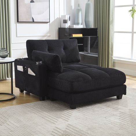 Poltrona relax 140x112x81 cm nera con USB, portabicchieri e tasca laterale, velluto a coste MEUBLIV (1/5)