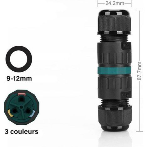 Lot de 2 connecteurs de câbles étanches IP68 Ø9mm-Ø12mm TÜV Manchon de raccordement électrique extérieur 3 broches (1/4)