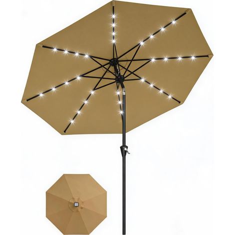 Parasol solaire 3m – 32 LED intégré, manivelle, inclinaison, 8 baleines, structure acier, anti-UV – jardin, piscine, terrasse – Kaki (1/5)