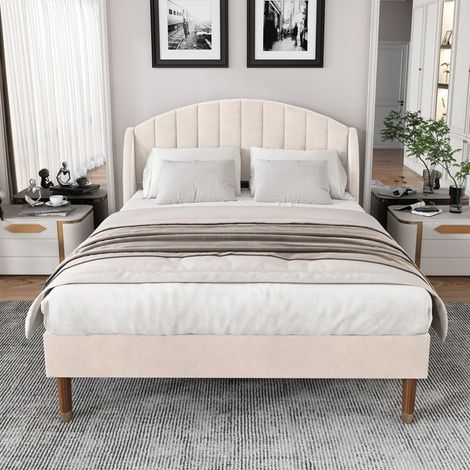 Lit rembourré 140x190 cm velours beige avec sommier à lattes et tête de lit capitonnée, sans matelas