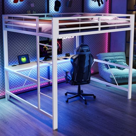 Lit surélevé gaming métal 160x200, éclairage LED intégré, station USB, espace bureau, blanc (1/5)