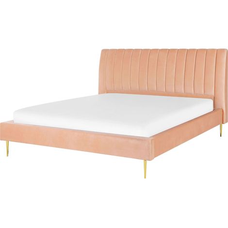 Lit Double en Velours Rose Orange 180 x 200 cm avec Haute Tête de Lit Rembourrée Élégant avec Tendance Rétro pour Chambre Glamour ou Classique Beliani