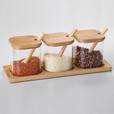 Lot de 3 bocaux de cuisine en verre borosilicate avec couvercle en bambou comprenant une cuillère & un fond. (1/4)