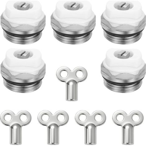 Set mit 5 manuellen Schraub-Entlüftungsventilen für Heizkörper inklusive Ersatzteilen.