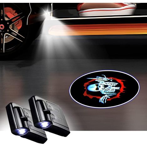 2 projecteurs de logo pour portières de voiture, projecteurs LED universels sans fil avec logo de bienvenue en forme de crâne et de squelette. (1/5)
